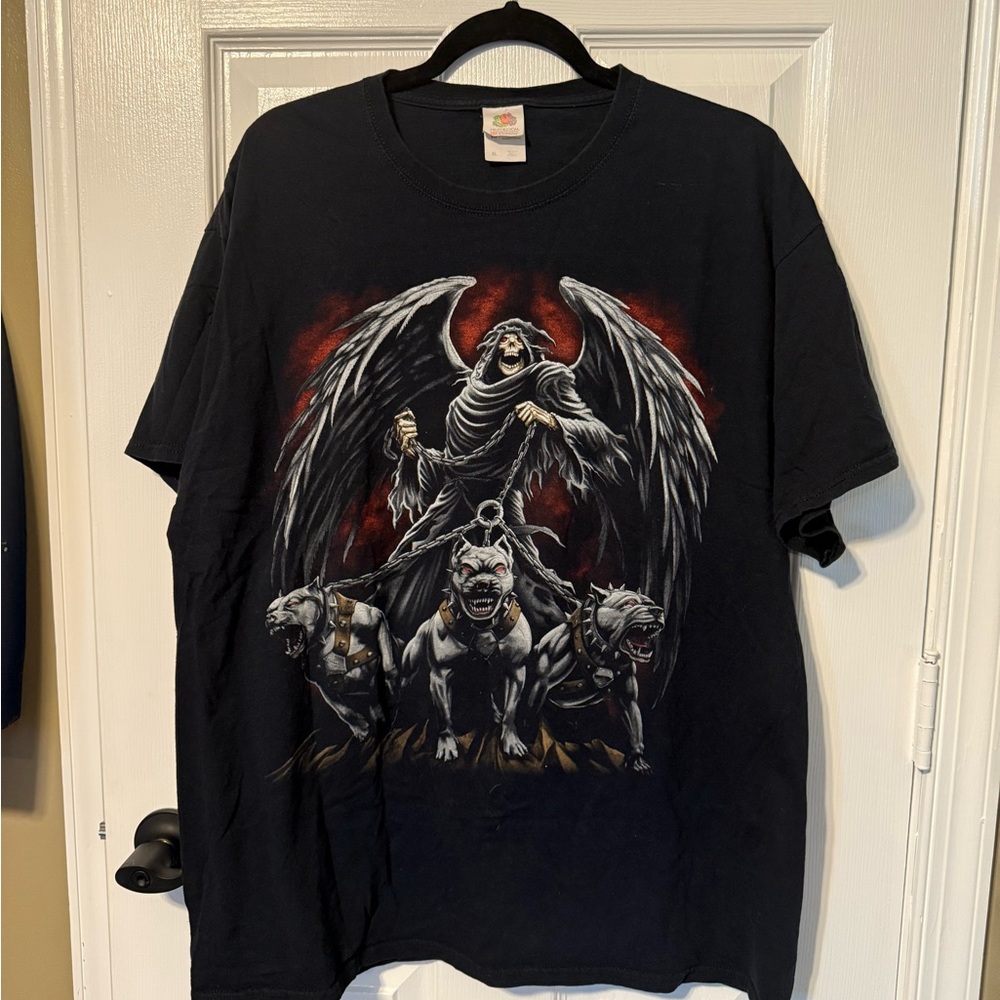 Y2K Vintage Grim Reaper Hell‎ Hounds Black Short Sleeve Men's T-shirt XL